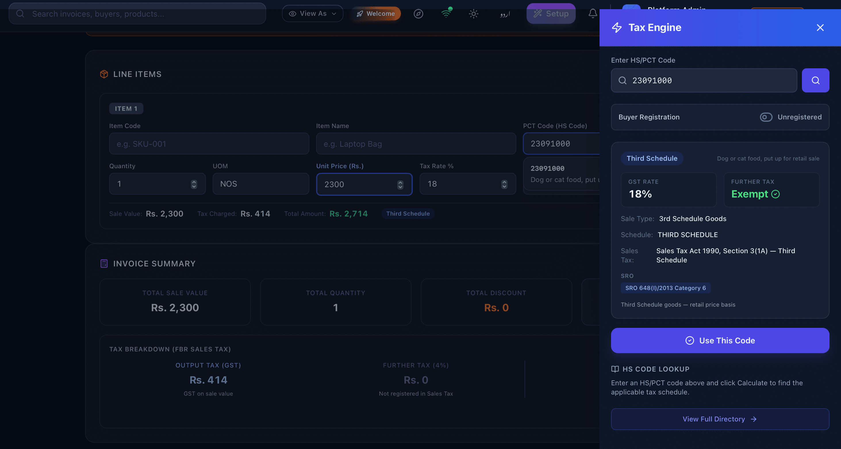 Smart Tax Engine — automatic HS code lookup with SRO references